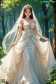 A woman in a wedding dress standing in the woods.