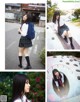 A collage of photos of a girl in a school uniform.