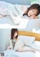 A woman laying on a bed with her eyes closed.