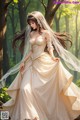 A woman in a wedding dress standing in the woods.